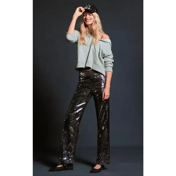 NWT Good American Gray Silver Sequin Wide-Leg Pants - Small - Picture 2 of 7
